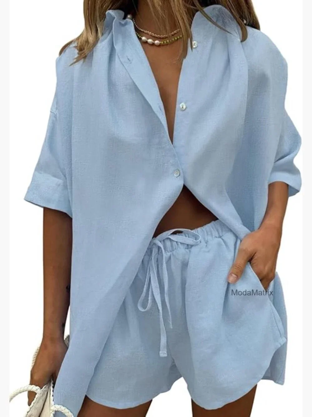 Women's 2 Piece Shorts Set Button Down Top & Shorts Loungewear Medium Wash